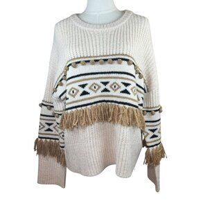 NWT Driftwood Fringe Pom Pom Aztec Sweater SZ: L Chunky Knit